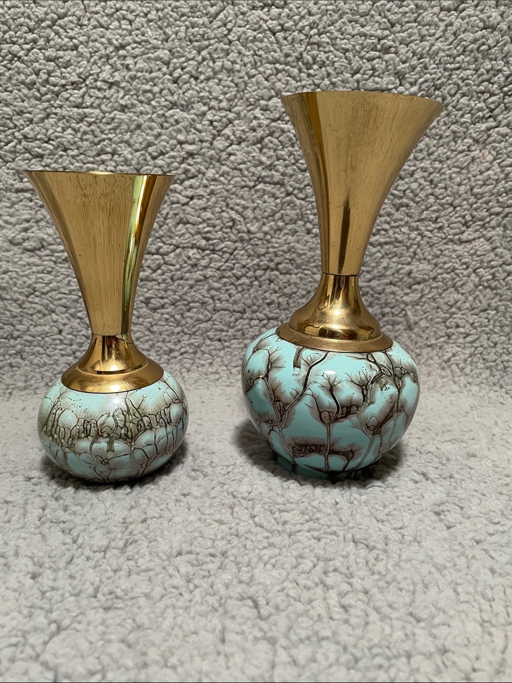 Turquoise Crackle-Glaze and Brass Accent Vases - Set of 2